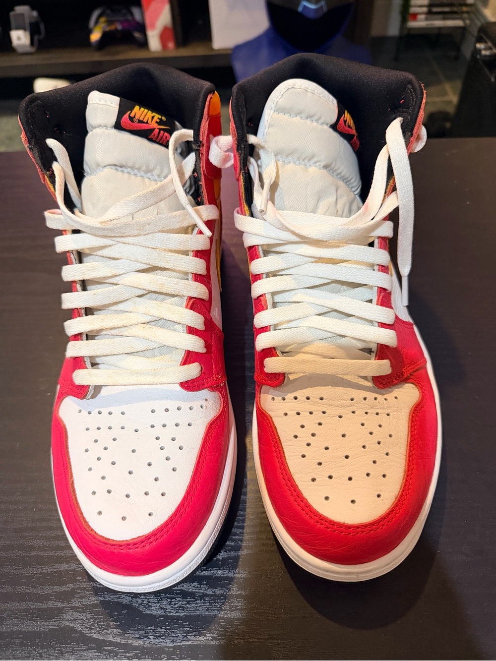 Nike Men’s 10.5 Red and White High-Top Sneakers with Black Collar